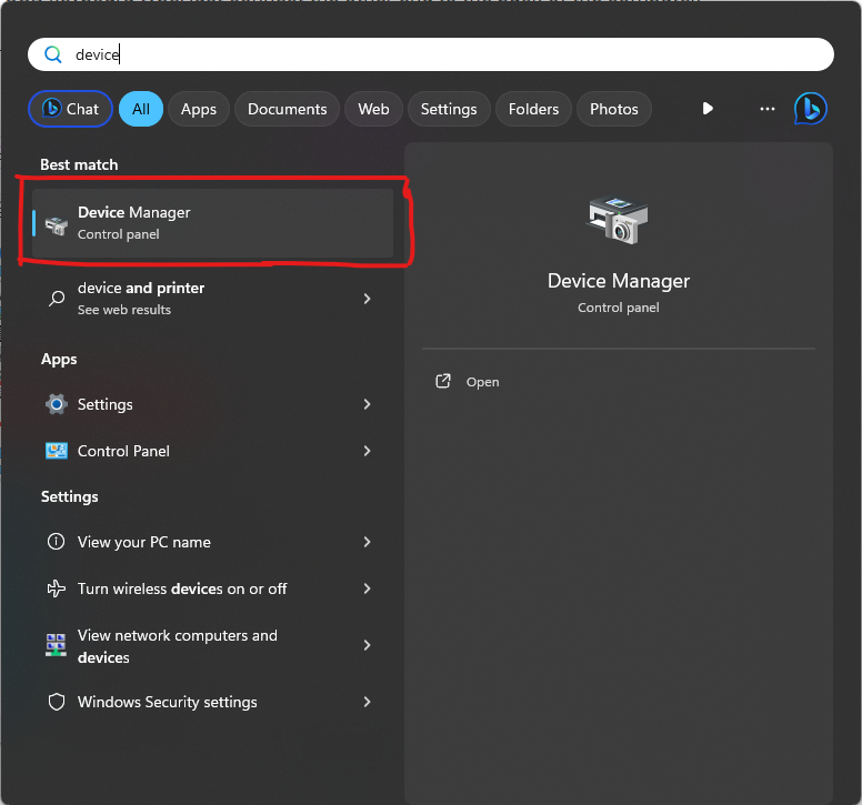 1. Go to Start and Type Device Manager